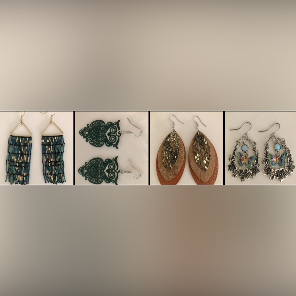 Elegant Blue/Gold, and Teal/Green Owl, Brown Leaf, and Butterfly Earring Sets